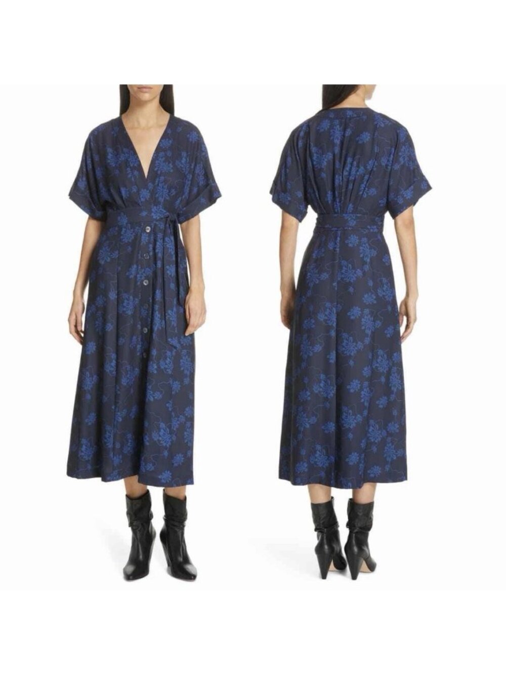 Equipment Femme Blue Floral Midi Wrap Dress Short Sleeve V-Neck Women’s Size 10